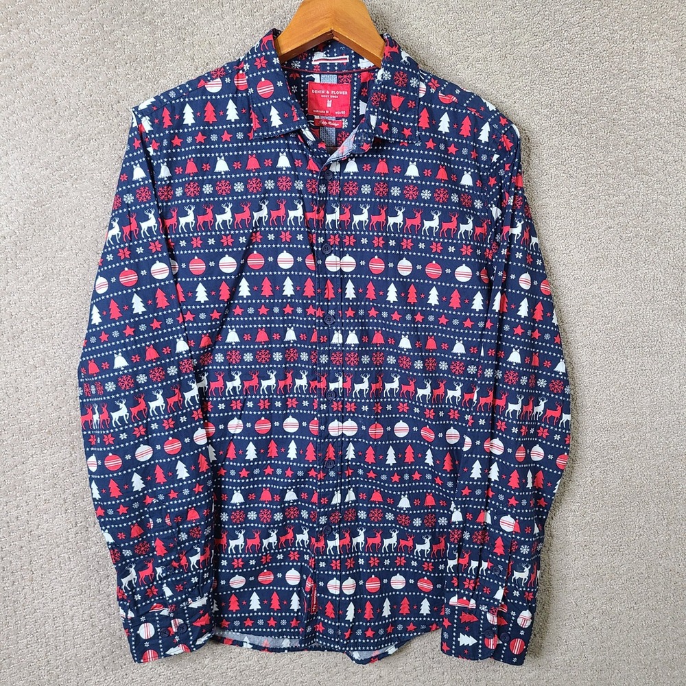 Denim & Flower Shirt Mens M Blue Reindeer Christmas Button Down‎ Cotton Casual